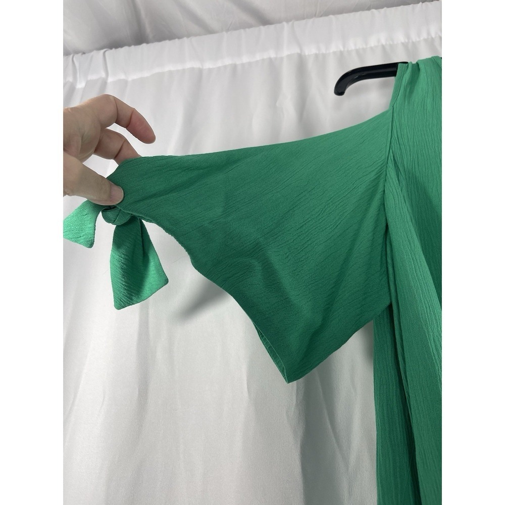 SOFT SURROUNDINGS WOMAN SIZE L GREEN CRINKLED A LINE MIDI DRESS COLD SHOULDER - Picture 3 of 15